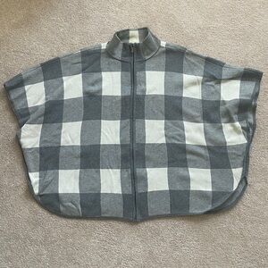 Jones New York Mock Turtleneck Sweater Poncho Zip Front Checkerboard Plaid